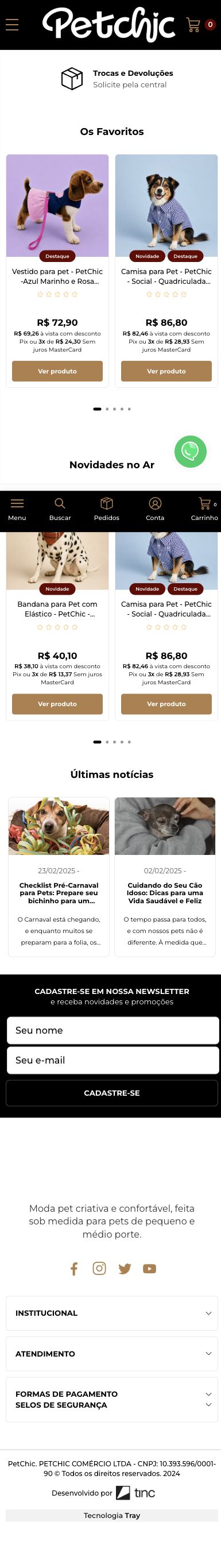 Site atual da PetChic em dispositivo móvel